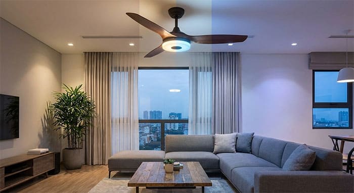 Không gian phòng khách hiện đại sử dụng quạt trần đèn led đổi màu linh hoạt