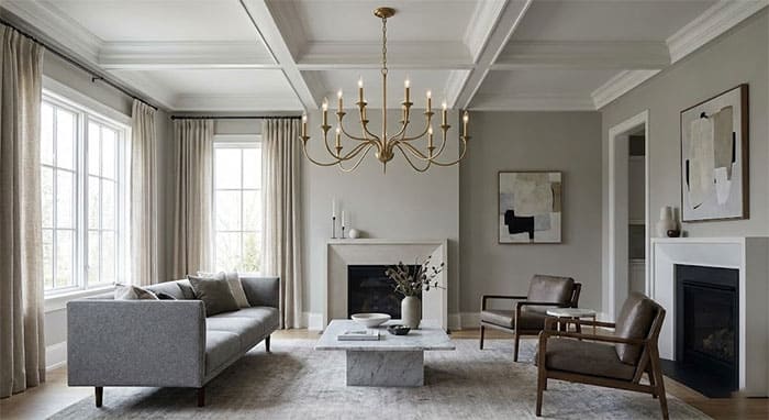 Không gian phòng khách hiện đại treo đèn chùm tân cổ điển tay nến