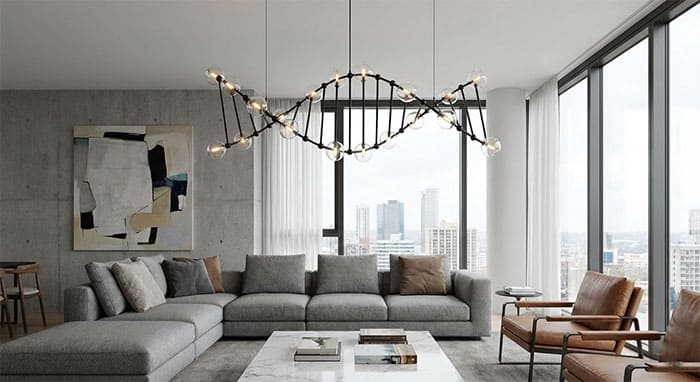 Không gian phòng khách hiện đại với đèn chùm DNA