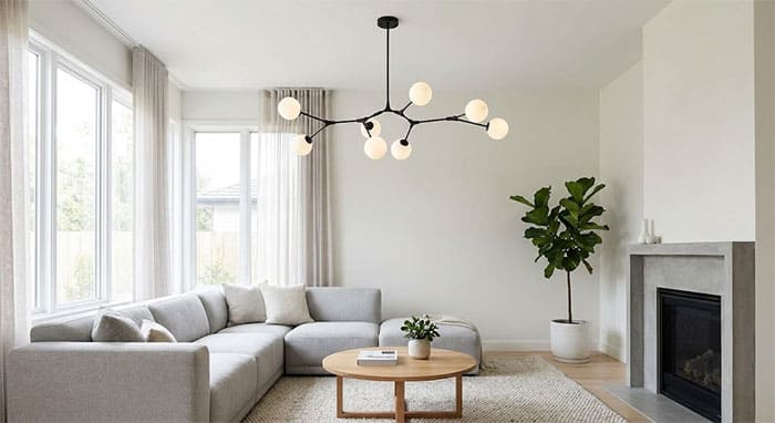 Không gian phòng khách hiện đại với đèn chùm phong cách Bắc Âu tối giản