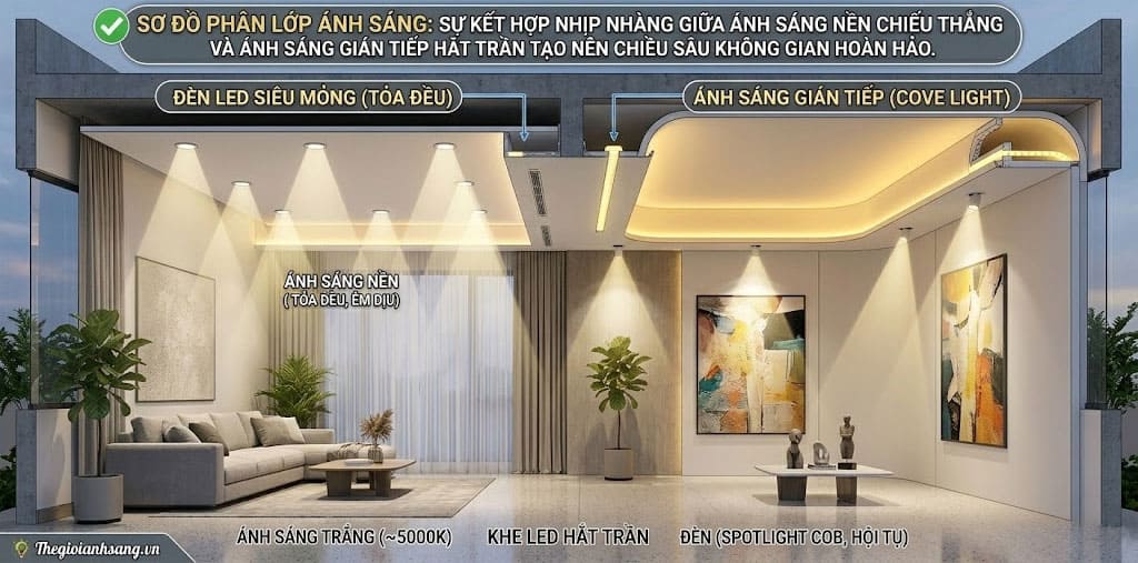 Không gian phòng khách sang trọng sử dụng kết hợp đèn âm trần SMD chiếu sáng tổng thể và đèn COB chiếu rọi điểm nhấn