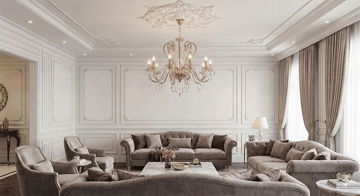 Không gian phòng khách tân cổ điển với tường trắng phào chỉ PU và đèn chùm pha lê