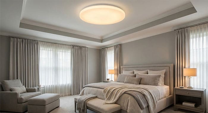 Không gian phòng ngủ master sử dụng đèn mâm LED tròn tạo sự thư giãn
