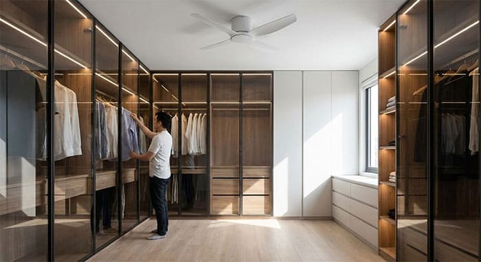 Không gian phòng thay đồ walk-in closet hiện đại lắp đặt quạt ốp trần gọn gàng, tiết kiệm không gian