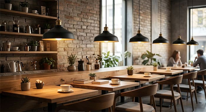 Không gian quán cafe hoàn hảo với hệ thống đèn thả bàn chuẩn mực