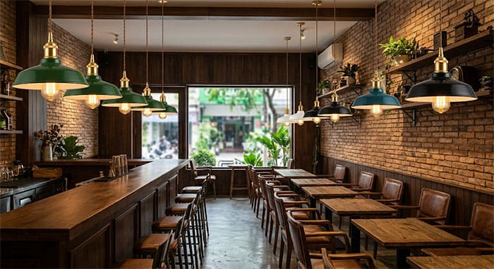 Không gian quán cafe ứng dụng đèn thả vintage chao men đui đồng