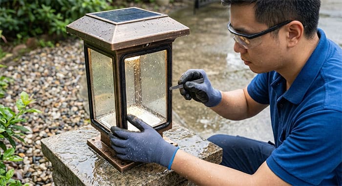 Kiểm tra hệ thống gioăng cao su chống nước chuẩn IP65 của đèn trụ cổng NLMT