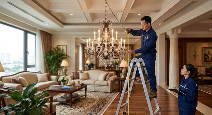 Kỹ sư kiểm tra cao độ treo đèn chùm nến để đảm bảo an toàn khoảng không tĩnh không