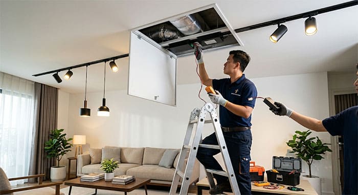 Kỹ sư Thế Giới Ánh Sáng đang tiến hành bảo trì hệ thống nguồn Driver 48V