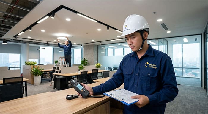 Kỹ sư Thế Giới Ánh Sáng đang tiến hành đo độ rọi Lux và kiểm tra cường độ ánh sáng tại công trình