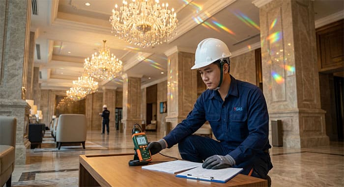 Kỹ sư thực hiện đo đạc chỉ số Lux thực tế để nghiệm thu độ rọi ánh sáng