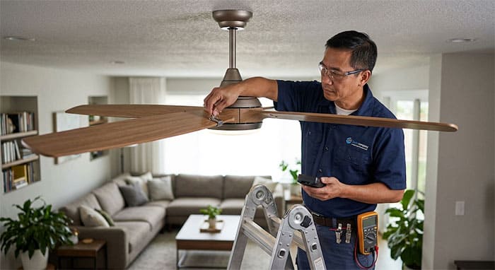 Kỹ sư thực hiện kỹ thuật dùng kẹp chì cân bằng động để xử lý quạt trần bị rung lắc