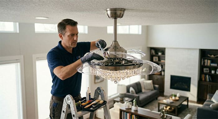 Kỹ sư thực hiện vệ sinh và tra mỡ bôi trơn vào các khớp gập của quạt trần cánh xếp