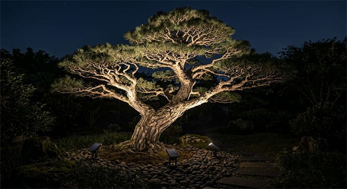 Kỹ thuật chiếu hắt từ dưới lên Uplighting sử dụng đèn chiếu cây năng lượng mặt trời