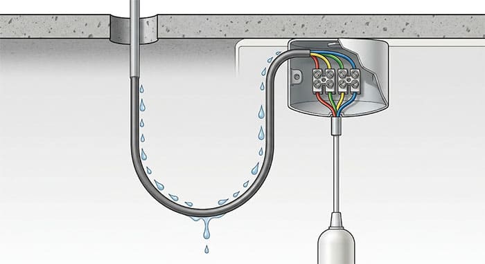 Kỹ thuật đi dây điện hình cổ cò (chữ U ngược) tại bát ốp trần để chống nước xâm nhập