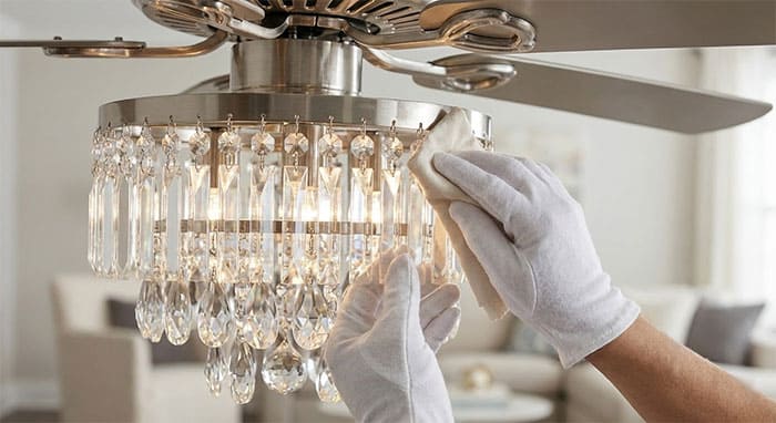 Kỹ thuật dùng găng tay cotton để lau từng hạt pha lê trên quạt trần đèn chùm