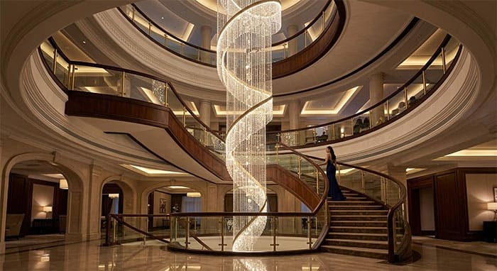 Kỹ thuật thi công đèn thả lốc xoáy đồng trục với tâm cầu thang