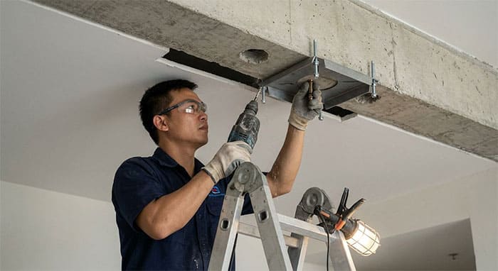 Kỹ thuật viên đang thi công khoan cấy nở đạn sắt xuyên thạch cao để cố định mặt bích quạt ốp trần