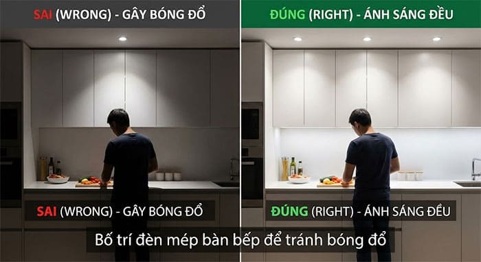 Lỗi đổ bóng khi bố trí đèn âm trần nhà bếp