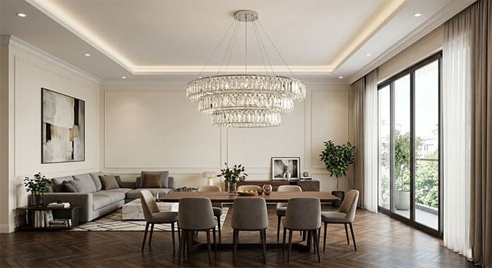 Lựa chọn kích thước đèn pha lê vòng tròn cân đối với diện tích phòng