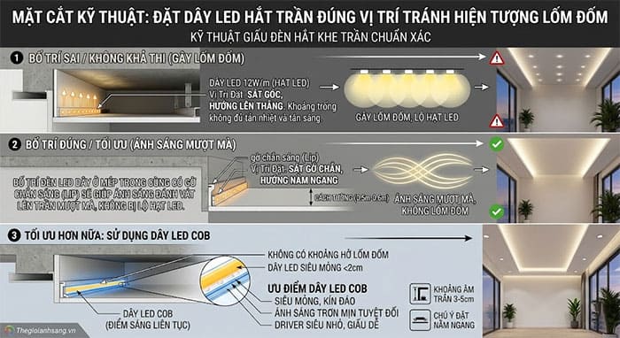 Mặt cắt kỹ thuật hướng dẫn cách đặt dây LED hắt trần đúng vị trí để tránh hiện tượng lốm đốm