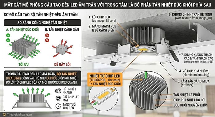 Mặt cắt mô phỏng cấu tạo đèn led âm trần với trọng tâm là bộ phận tản nhiệt đúc khối phía sau