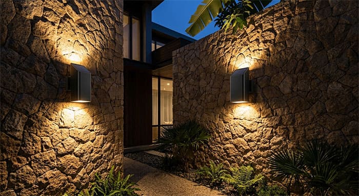 Mẫu đèn hắt tường năng lượng mặt trời 2 đầu tạo điểm nhấn nghệ thuật cho bức vách