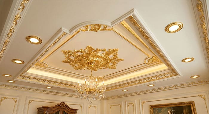 Mẫu đèn led âm trần 3 màu viền vàng lắp trên hệ trần thạch cao phào chỉ Tân cổ điển