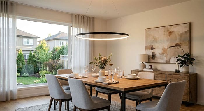 Mẫu đèn thả 1 vòng tròn LED tối giản treo phía trên bàn ăn hiện đại