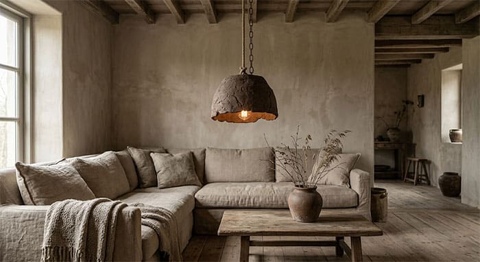 Mẫu đèn thả góc sofa phong cách Wabi-sabi tĩnh lặng