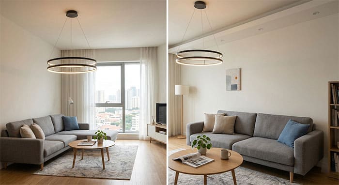 Mẫu đèn thả phòng khách chung cư trần thấp với thiết kế LED vòng hiện đại