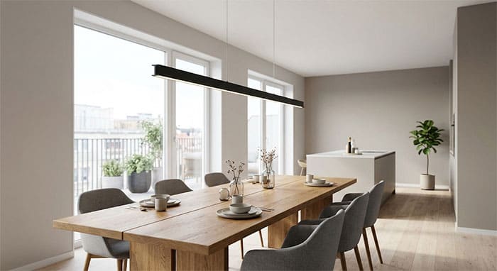 Mẫu đèn thả tối giản dạng thanh nhôm chữ I treo lơ lửng trên bàn ăn