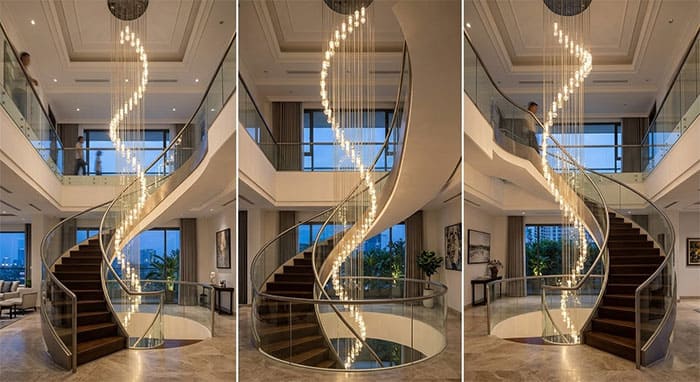Mẫu đèn thông tầng cầu thang lốc xoáy thả dọc theo cấu trúc xoắn ốc