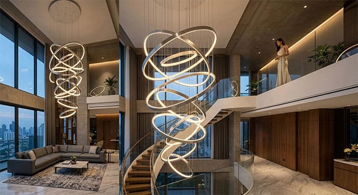 Mẫu đèn thông tầng hiện đại dạng vòng LED nhôm xước lồng vào nhau