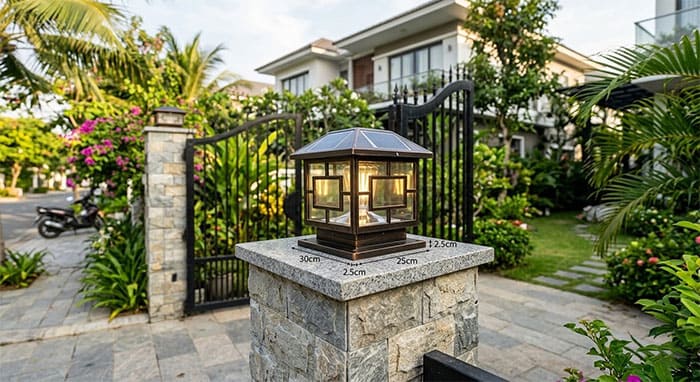 Mẫu đèn trụ cổng năng lượng mặt trời size 25cm lắp trên trụ 30cm