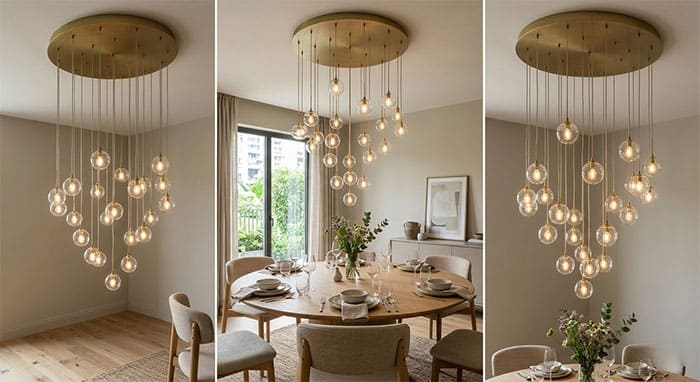 Mẫu mâm đèn thả bàn tròn với nhiều bóng thủy tinh nhỏ