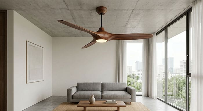 Mẫu quạt trần 3 cánh gỗ nguyên khối đúc 3D trong không gian căn hộ Tối giản