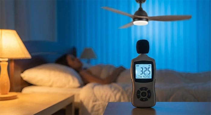 Máy đo Decibel hiển thị mức âm lượng dưới 35dB khi đo quạt trần DC vận hành trong phòng ngủ
