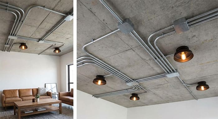 Minh họa cách đi dây điện ống thép nổi đẹp mắt cho đèn ốp trần