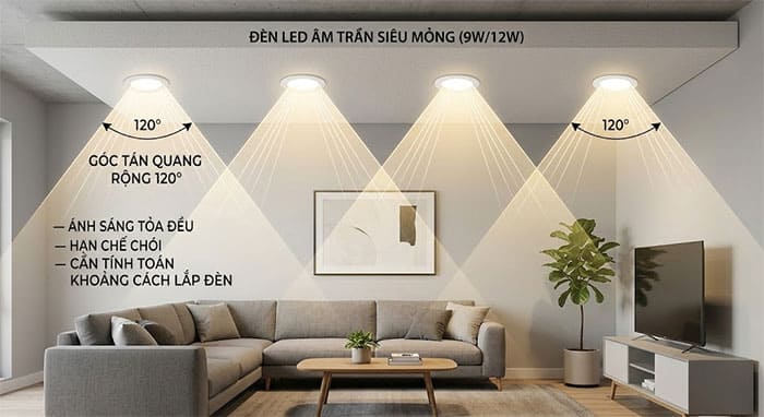 Minh họa góc tán quang 120 độ của đèn LED âm trần siêu mỏng lan tỏa rộng trong phòng khách