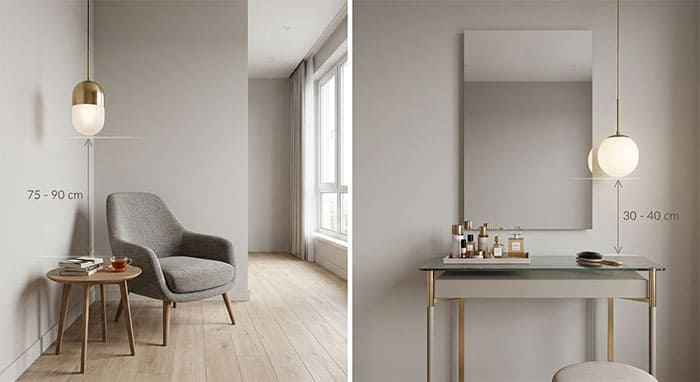 Minh họa khoảng cách treo đèn thả đơn tiêu chuẩn cho góc đọc sách và bàn trang điểm