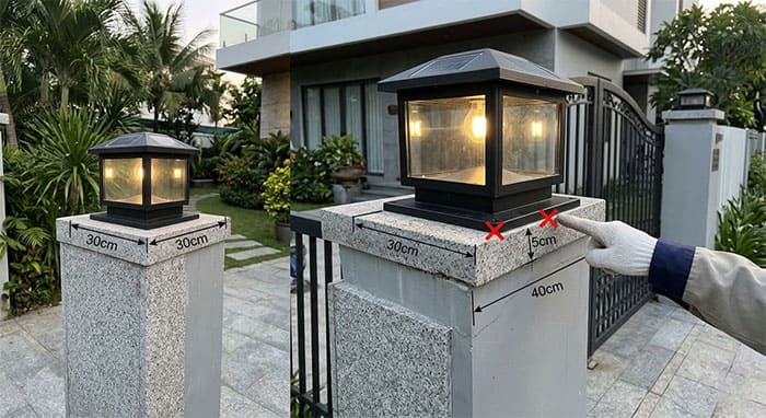 Minh họa lỗi lắp đặt đèn trụ cổng sai kích thước