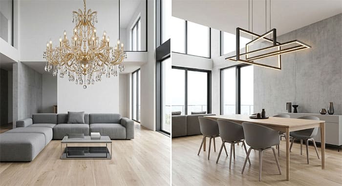 Minh họa lỗi xung đột phong cách nội thất khi chọn sai mẫu đèn chùm
