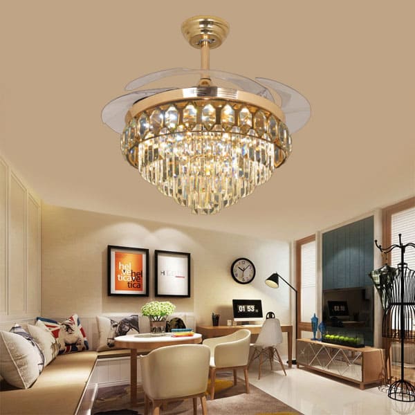 Minh họa trạng thái tắt và bật của quạt đèn ốp trần pha lê giấu cánh