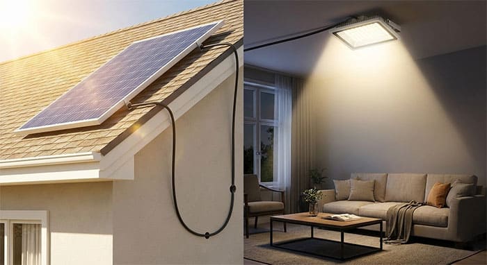 Mô hình lắp đặt đèn pha năng lượng mặt trời trong nhà với tấm pin để ngoài trời