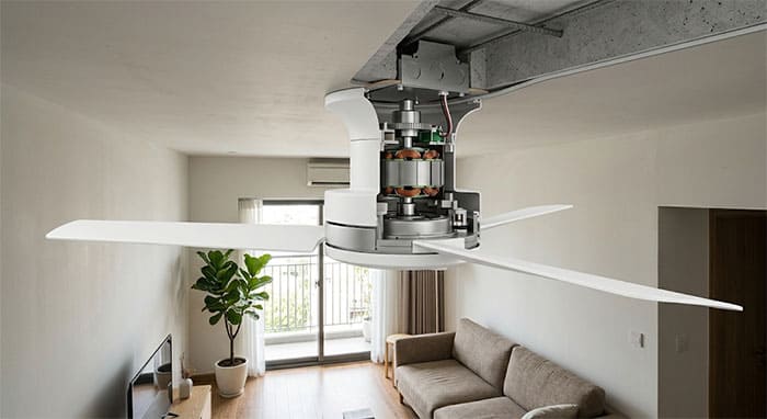 Mô phỏng cấu tạo của dòng quạt trần ốp sát trần Hugger Fan cho chung cư