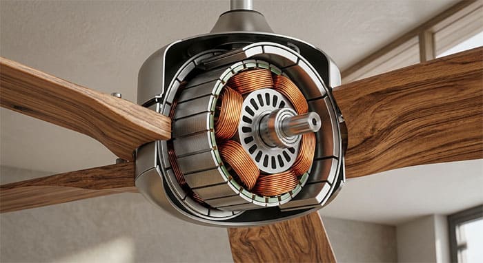 Mô phỏng cấu tạo lõi động cơ DC lõi đồng nguyên chất bên trong quạt trần cánh gỗ