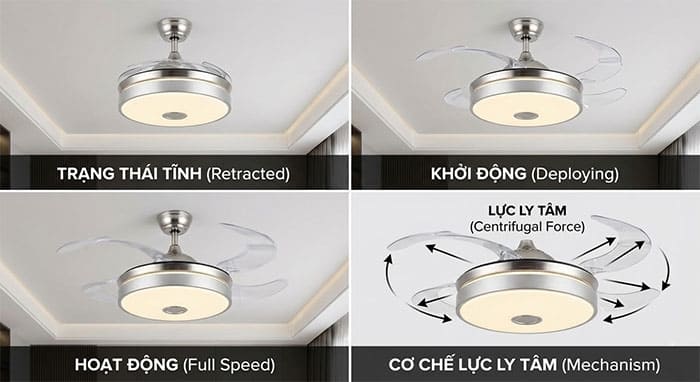 Mô phỏng cơ chế bung xòe cánh quạt nhờ lực ly tâm của quạt ốp trần giấu cánh