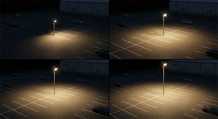 Mô phỏng diện tích chiếu sáng thực tế của đèn pha năng lượng mặt trời từ 100W đến 500W