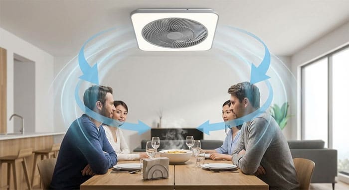Mô phỏng luồng gió xoay 360 độ dịu nhẹ của quạt hộp ốp trần lan tỏa quanh khu vực bàn ăn